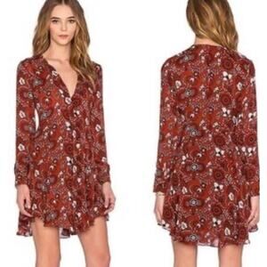 ALC Randi Silk Chiffon Shirt Dress Henna Floral Women 0 XS L/S Button Boho